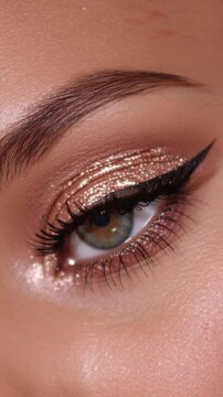 Close-up of a woman's eye with shimmering eyeshadow and dramatic eyeliner, showcasing the intricate details of makeup application in a beauty setting