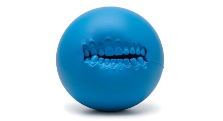 Blue rubber ball with imprinted teeth isolated on white background
