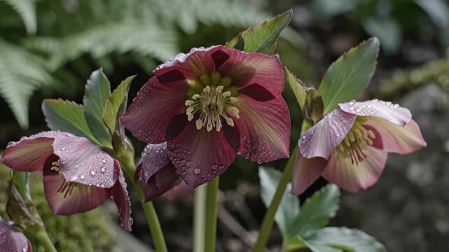 Close up of hellebore flowers with water droplets