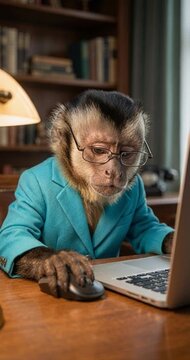 Primate wearing spectacles using a computer in a business setting