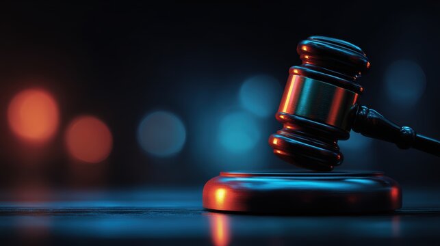 Gavel striking a sounding block in a dimly lit courtroom with bokeh lights
