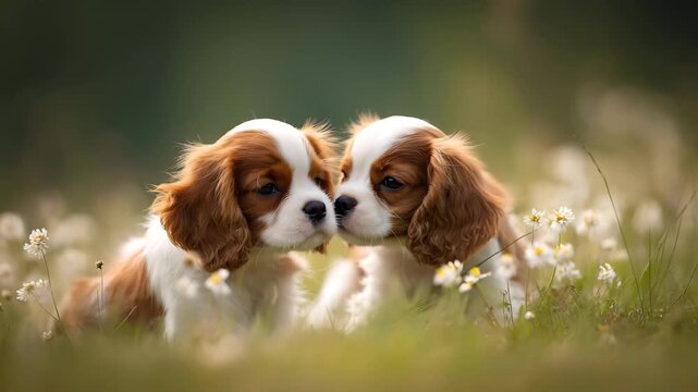 Adorable cavalier king charles spaniel puppies play and snuggle in a sunny meadow