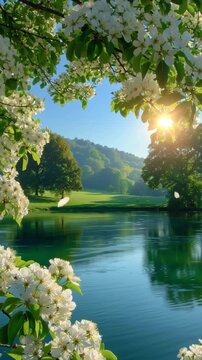 Scenic view of blooming white flowers framing a tranquil river with sunlight reflecting off the water and lush green hills in the background