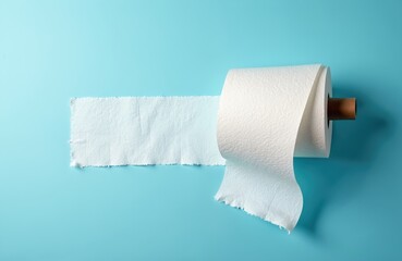 Obraz premium White toilet paper roll shows the last sheet remaining on light blue background. Empty core signals a supply problem, a hygiene emergency or funny bathroom situation needing more paper.