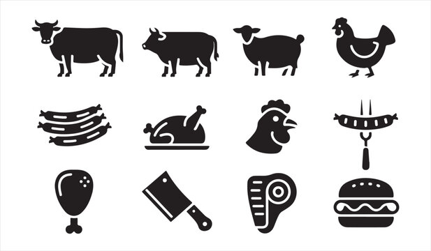 Black vector meat icons collection featuring livestock animals and butcher food symbols