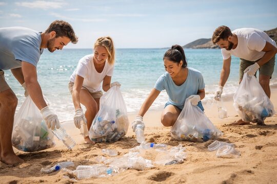 Volunteers cleaning beach from plastic waste, people with gloves and garbage bags in soft daylight, ustainability and environmental care