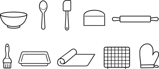 Collection of simple line art icons representing baking tools and kitchen utensils