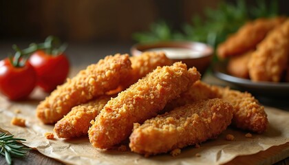 Golden fried chicken tenders arranged on parchment paper with fresh tomatoes and rosemary. Dip is visible in background. Delicious and crispy poultry strips ready to eat.