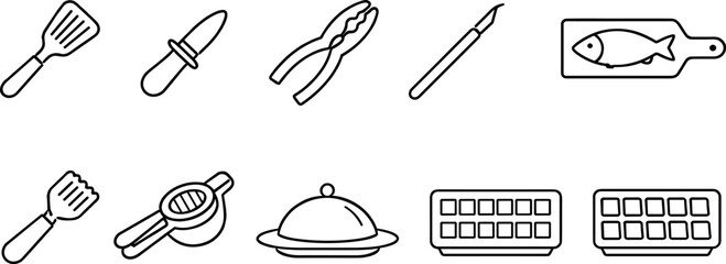 Collection of kitchen utensil icons, including spatulas, knives, and serving dishes