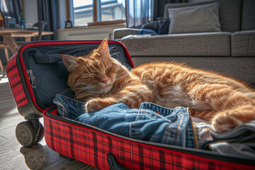 Ginger cat in an open red suitcase filled with clothes, next to a closed pet carrier. Cozy room, natural light. Concept: pet travel. No people or logos.