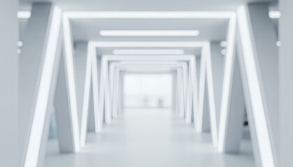 Obraz premium Abstract futuristic hallway interior with soft focus lighting and symmetrical structure, providing a clean and spacious background for technology, healthcare, or modern infrastructure concepts.