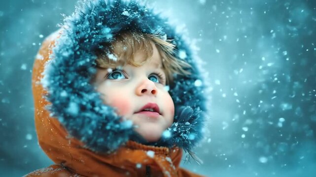 Young child in winter coat looking up at snow falling gently in cold weather