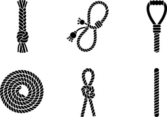 Collection of various rope knots and styles in black silhouette on white background © Vitechek