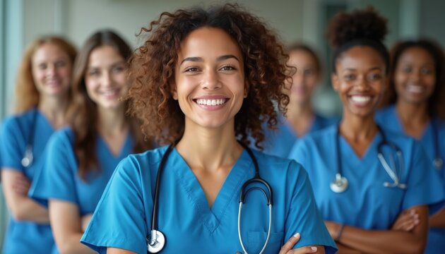Diverse team of nurses stands together smiling confidently. Medical professionals wear blue scrubs and stethoscopes. They represent healthcare team unity and compassionate patient care.