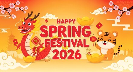 Obraz premium Happy spring festival 2026 with dragon, tiger, and cherry blossoms
