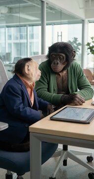 Two primates in office setting discussing tablet computer