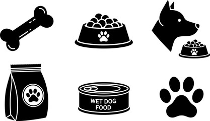 Collection of black dog care icons including food, bone, and paw print © Vitechek