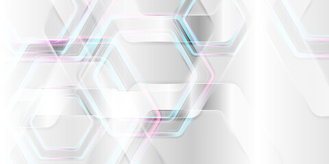 Grey and holographic hexagons geometric abstract tech background. Vector art modern design