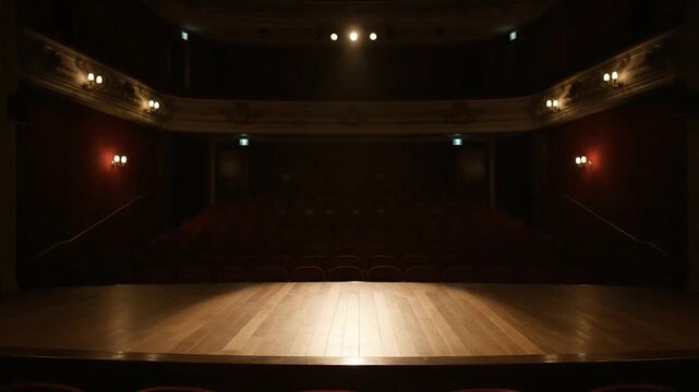 Empty theater stage with red curtains and overhead lighting