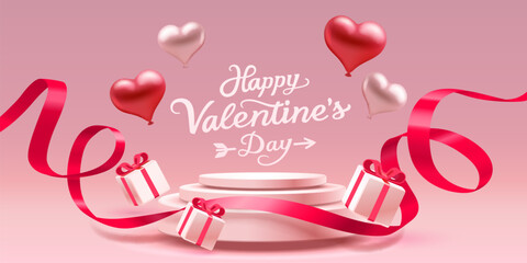 Festive Valentines Day background with 3D hearts, gifts, and a product display podium.