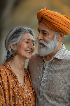 Elderly Sikh Couple Smiling and Sharing an Affectionate Moment Outdoors