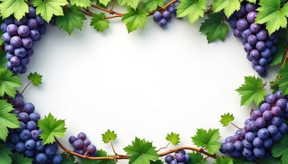 Obraz premium Purple grapes with green leaves form a border on a white background. This vine design is useful for food blogs wine labels and vineyard promotions.