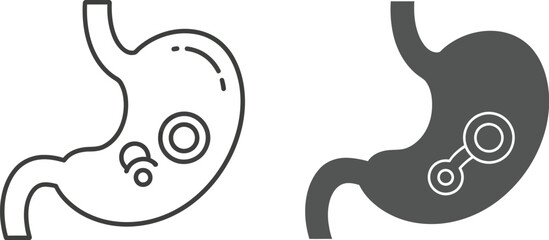 Medical icons depicting the human stomach illustrating digestive problems like ulcers or bacterial presence in two distinct graphic styles side by side