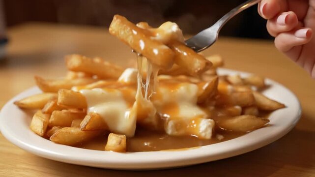 Delicious Poutine Being Eaten with a Fork on a Wooden Table.