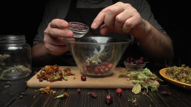 Hands preparing herbal mixture by adding dried ingredients or Hawthorn Berry into a glass bowl on a wooden countertop surrounded by various herbs and flowers