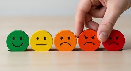 Customer satisfaction survey with a hand placing a frustrated red face emoji block in a line of feedback.