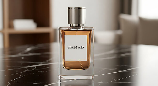 Luxury Perfume Bottle with Amber Liquid on Marble Surface in Stylish Interior Featuring HAMAD Branding, 8K image 