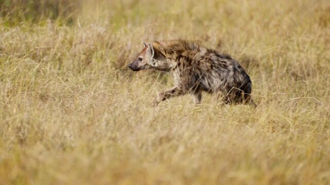 A cute hyena cub walking in high grass in African savannah