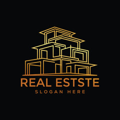 Obraz premium Modern Real Estate Logo Design with Golden Outline on Black Background
