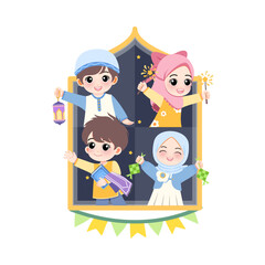 Cute Muslim Children Celebrating Eid Mubarak with Lantern and Ketupat