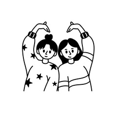 Two Girls Making Heart Shape Hand Gesture Line Art