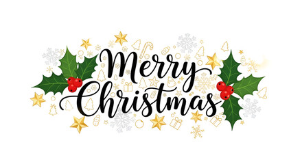Merry Christmas greeting with festive holly and gold decorations&nbsp;transparent background png