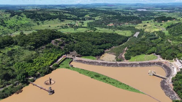 Euclides Da Cunha Reservoir Of Sao Jose Do Rio Pardo In Sao Paulo Brazil. Power Plant. Water Dam Landscape. Nature Skyline. Euclides Da Cunha Reservoir At Sao Jose Do Rio Pardo Sao Paulo Brazil. 