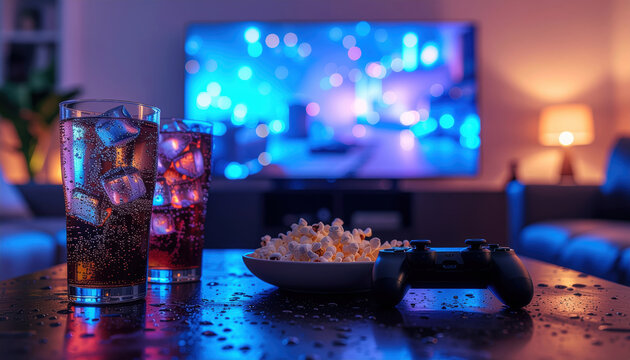Postazione da gioco con controller, popcorn e bibite ghiacciate davanti alla TV accesa. Generative AI 