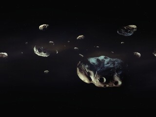 Asteroid belt in deep space. Group of large meteorites against the background of stars. Space rocks isolated. © Nazarii