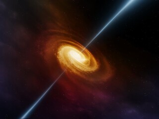 Obraz premium Quasar with an active core that absorbs matter. Galaxy with energetic jets in space. Singularity in a star system.