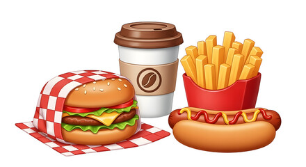Delicious fast food combo with burger, fries, hot dog, and coffee&nbsp;transparent background png