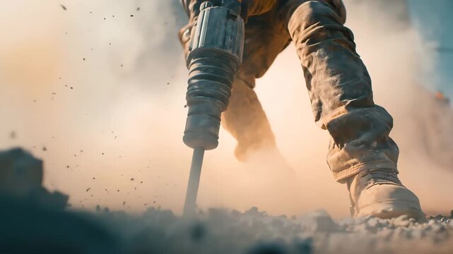 Person wearing brown boots and pants using jackhammer on rocky surface with smoke and dust