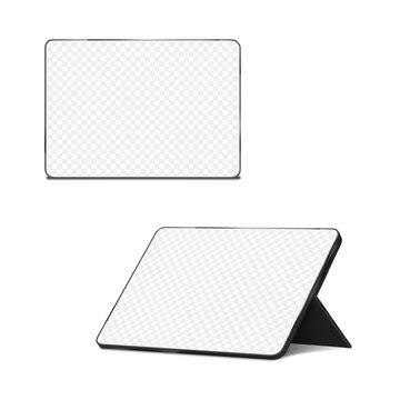 Portable monitor with empty transparent screen. Realistic 3d vector mockup. Blank tabletop ipad tablet stand. Mock-up. Desktop digital display. Template for design
