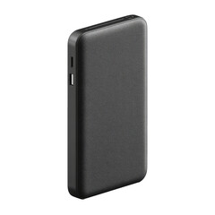 Dark rectangular power bank with textured surface, ports visible, minimalist