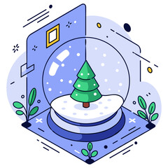 Fototapeta premium Isometric snow globe with christmas tree and decorative foliage
