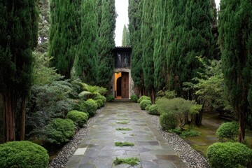 Naklejka premium Pathway lined with tall trees leads to a door set in a stone building surrounded by greenery on a cloudy day in a garden area