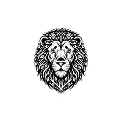 Obraz premium Ornate Lion Head Illustration with Floral Mane and Beard, Black and White, Symbolic Animal Art