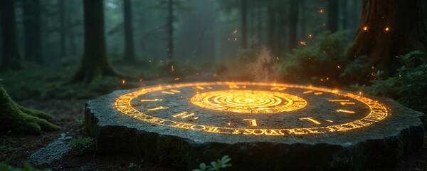 Fototapeta premium Ancient stone altar with glowing magic runes in dark misty forest. Mystical symbols and energy rise from circle on ground, creating mysterious atmosphere with sparks.