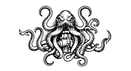 Mythical octopus enveloping a ship in a bold black-and-white illustration