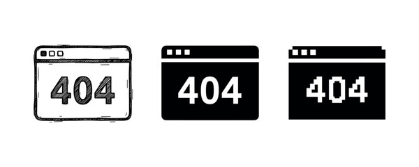 Set of three 404 error page icons in black and white